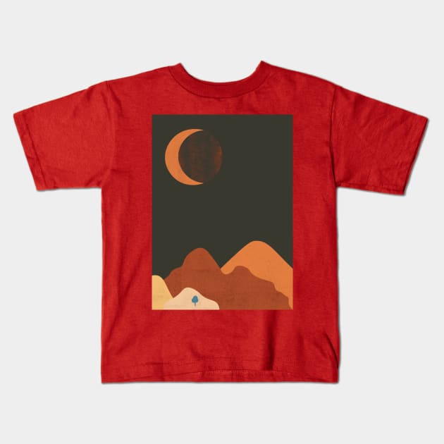 Sun & Moon Artwork With mountains. Boho art of moon at night and terracotta mountains. Kids T-Shirt by waltzart